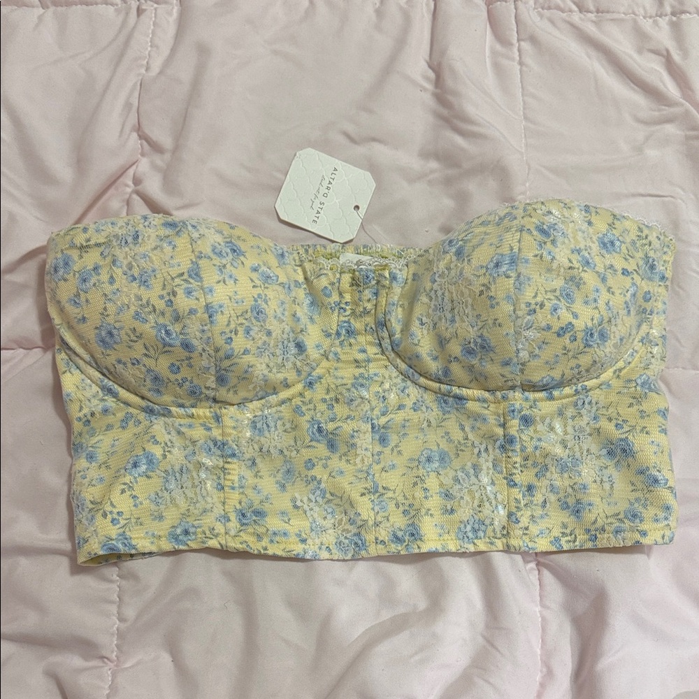 Altar'd State Yellow and Blue Lace Trim Crop Top